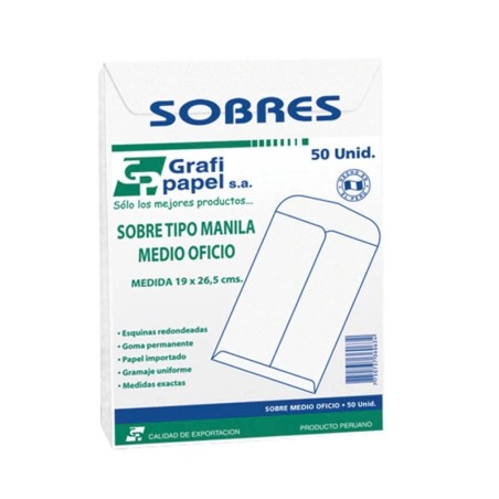 SOBRE BLANCO 90GR 1/2 OFICIO GRAFIPAPEL (PAQ X 50 UNID)